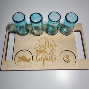 Tequila Drinking Shot Gift Tray Board - 4 Piece Blue Shot Glasses